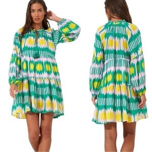 NWT Oliphant Balloon Sleeve Short Dress in Green & Pink Ikat, Silk Blend XXS